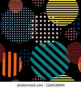 Minimal seamless pattern with polka dots. Modern halftone style. Trendy colorful vector texture. Striped and dotted broght circles on black background. Good for fashion print, wallpaper, design