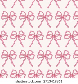 Padrão contínuo mínimo com contorno de laço de fita em um fundo branco limpo. Design feminino leve perfeito para papelaria, embalagem, tecido e superfícies repetitivas.