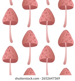 Minimal seamless pattern with whimsical pink forest mushrooms. Soft warm texture and elegant autumn color palette. Great for textile, fall card, wrapping paper, poster or cozy background design
