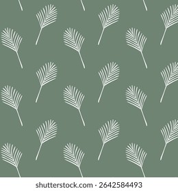 Minimal seamless pattern with white palm leaves on muted green background. Perfect for tropical, boho, or nature-inspired projects like textiles, wallpapers, or wrapping paper.