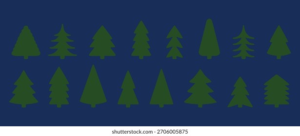 Modelo inconsútil mínimo de la silueta del árbol de pino en un fondo azul profundo. Perfecto para envolver papel de invierno, diseño textil y proyectos de vacaciones modernos. Arte de la naturaleza simple, elegante y estacional.