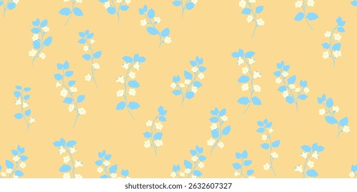 Minimal seamless vector pattern with  floral stems and  blue leaves on a yellow background. Summer, modern, and bold design for fashion, print, stationery, and digital projects