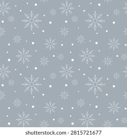 Minimal Seamless Winter Snowflake Pattern with Falling Snow. Minimal seamless winter pattern featuring geometric snowflakes and scattered snow dots on a soft gray background. Perfect for wrapping paper, fabric, wallpaper, winter stationery, gift packaging, digital paper, seasonal decorations and surface design