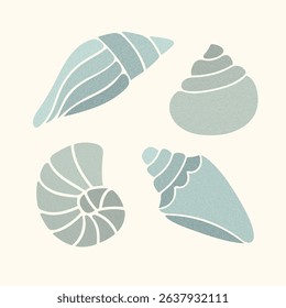 Minimal seashell silhouette set in blue colors. Minimalist flat design shells with grainy texture. Ideal for summer prints, beach product, logo, branding, interior decor, summer pattern
