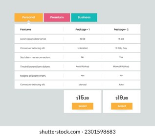 Minimal service subscription pricing comparison table design for website