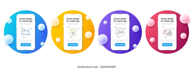 Minimal set of 24 hours, Recovery laptop and Loan percent line icons for web development. Phone ui interface mockup with balls. Card icons. Time, Backup data, Discount. Bank payment. Vector