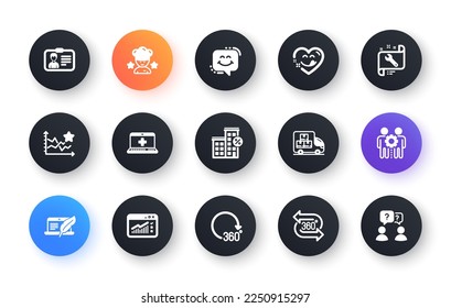 Minimal set of 360 degrees, Delivery truck and Copyright laptop flat icons for web development. Spanner, Loan house, Identification card icons. 360 degree, Employees teamwork. Vector