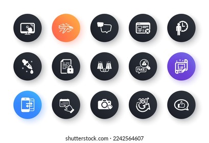 Minimal set of 360 degrees, Waiting and Sconce light flat icons for web development. Speech bubble, Airplane, Fake news icons. Lock, Architect plan, Phone communication web elements. Vector