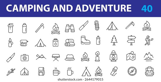 minimal set of 50 camping and outdoor adventure vector line icons. Includes tent, compass, flashlight, backpack, campfire, map, hiking boots, lantern, water bottle, axe, sleeping bag