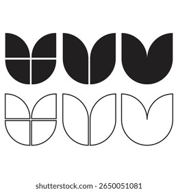A minimal set of abstract petal shapes in both filled and outline styles, symbolizing transformation, growth, and geometric balance.