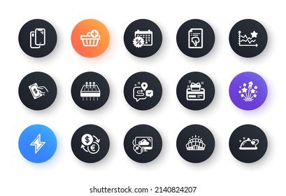 Minimal set of Add purchase, Cloud computing and Breathable mattress flat icons for web development. Energy, Pay money, Journey icons. Fireworks stars, Smartphone, Arena stadium web elements. Vector