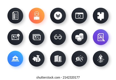 Minimal set of Analytics graph, Buildings and Tips flat icons for web development. Recovery internet, Piggy bank, Court building icons. Eyeglasses, Image gallery, Voting ballot web elements. Vector