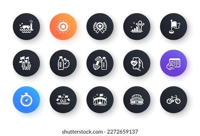 Minimal set of Arena, Dumbbell and Winner ribbon flat icons for web development. Fitness calendar, Cardio training, Ole chant icons. Flag, Winner star, Scuba diving web elements. Vector