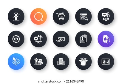 Conjunto mínimo de información adjunta, burbuja de voz e iconos planos de alerta de Bell para el desarrollo de la web. Dinero en dólares, gente charlando, íconos difíciles de estrés. Beneficio del presupuesto, búsqueda en sitios web. Vector