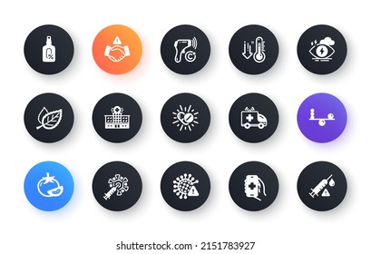 Minimal set of Balance, Coronavirus vaccine and Medical drugs flat icons for web development. Hospital building, Health app, Covid virus icons. Ambulance car, Tomato, Leaf web elements. Vector