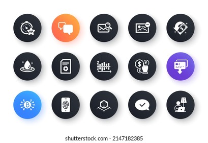 Minimal set of Bitcoin system, Search mail and Fuel energy flat icons for web development. Augmented reality, Diagram chart, Vip timer icons. Speech bubble, Cashback, Fingerprint web elements. Vector
