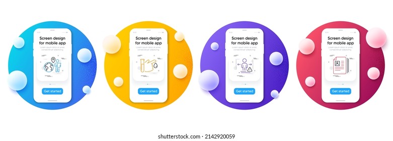 Minimal Set Of Blood Donation, Outsource Work And Social Distance Line Icons For Web Development. Phone Ui Interface Mockup With Balls. Cv Documents Icons. Vector