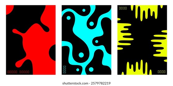 Minimal set of bright color vector graphic posters with fluid shapes on black background