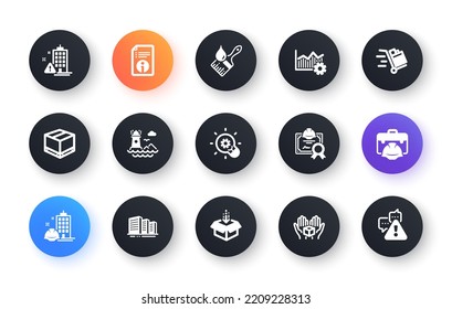 Minimal set of Building warning, Get box and Innovation flat icons for web development. Certificate, Buildings, Lighthouse icons. Brush, Operational excellence, Delivery box web elements. Vector