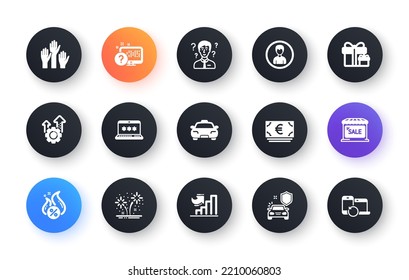 Minimal set of Car secure, Seo gear and Person flat icons for web development. Support consultant, Fireworks, Hot loan icons. Online quiz, Taxi, Laptop password web elements. Vector