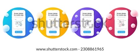 Minimal set of Certificate, Document signature and Vaccination line icons for web development. Phone ui interface mockup with balls. Report icons. Vector