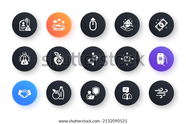 Minimal set of Chemistry lab, Handshake and\
Healthy food flat icons for web development. Swipe up, Air\
conditioning, Timeline icons. Shield, Search employee, Cardboard\
box web elements.\
Vector