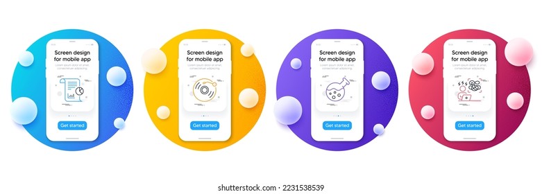 Minimal set of Chemistry lab, Report and Vinyl record line icons for web development. Phone ui interface mockup with balls. Difficult stress icons. Laboratory, Work analysis, Retro music. Vector