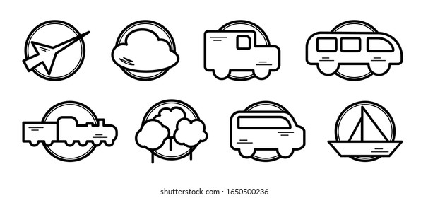 Minimal set of city transport icons. Airplane, public bus, train, taxi,  ship and auto signs. Isolated on white background. Line art. Vector illustration.