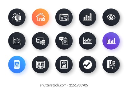 Conjunto mínimo de Portapapeles, estadísticas de Smartphone e iconos planos de trama de puntos para el desarrollo web. Iconos de cartas, visión de negocios, gráfico de columnas. Informe web, diagrama de operaciones, elementos web de Loan house. Vector