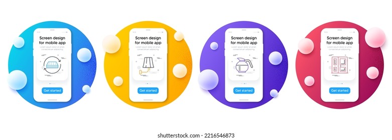 Minimal set of Coffeepot, Mattress and Wall lamp line icons for web development. Phone ui interface mockup with balls. Entrance icons. Brewed coffee, Sleeping pad, Electric sconce. Door. Vector