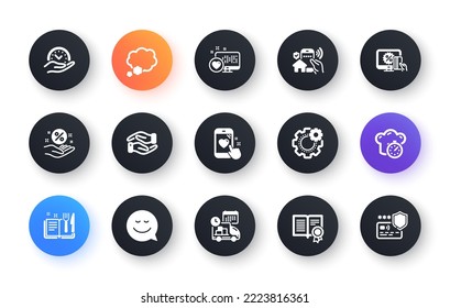Minimal set of Cogwheel, Loan percent and Talk bubble flat icons for web development. Cooking timer, Delivery, House security icons. Online shopping, Safe time, Heart rating web elements. Vector