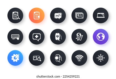 Minimal set of Computer keyboard, Search analysis and World planet flat icons for web development. 24h service, Health app, Medical chat icons. 5g wifi, Paper plane, Image gallery web elements. Vector