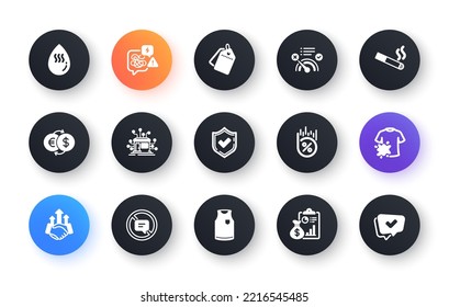 Minimal set of Confirmed, Report and Stress flat icons for web development. No internet, Distribution, Sale tags icons. Money exchange, Dirty t-shirt, Deal web elements. Loan percent. Vector