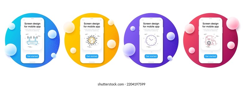 Minimal set of Coronavirus, Wifi and Time line icons for web development. Phone ui interface mockup with balls. Certificate icons. Pandemic infection, Internet router, Clock. Vector