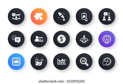 Minimal set of Data analysis, Chemistry pipette and Cloud computing flat icons for web development. Online education, Online question, Chemistry lab icons. Magistrates court, Puzzle. Vector
