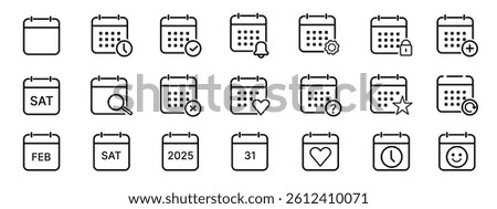 Minimal Set of Date and Calendar Line Icons. Editable Stroke. Pixel Perfect. Calendar and time management icons vector set with alarm and privacy symbols. Linear vector	
