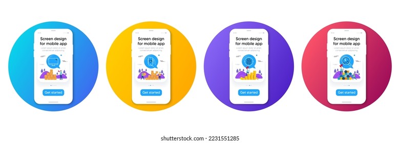 Minimal set of Dating app, Fingerprint and Computer line icons. Phone, cellphone ui interface mockup. Currency audit icons. For web development. Smartphone love, Biometric scan, Pc component. Vector