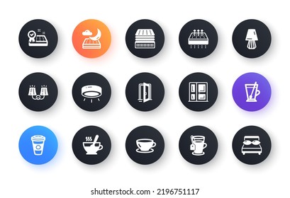 Minimal Set Of Deluxe Mattress, Entrance And Breathable Mattress Flat Icons For Web Development. Tea Cup, Sconce Light, Tea Mug Icons. Open Door, Led Lamp, Table Lamp Web Elements. Vector