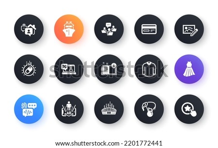 Minimal set of Dress, Arena stadium and Photo edit flat icons for web development. Credit card, Capsule pill, Online loan icons. Elephant on ball, Augmented reality, Work home web elements. Vector
