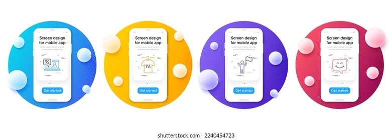 Minimal set of Dry t-shirt, Leadership and Online loan line icons for web development. Phone ui interface mockup with balls. Smile chat icons. Laundry shirt, Winner flag, Discount percent. Vector