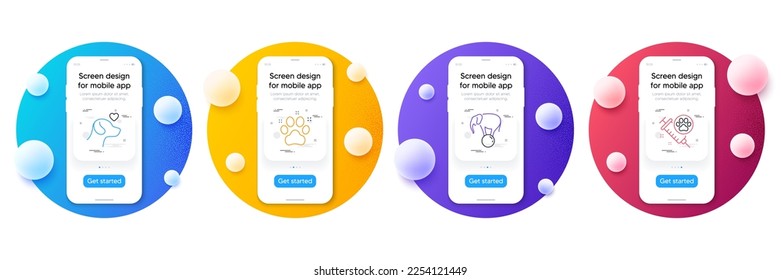 Minimal set of Elephant on ball, Pet friendly and Pets care line icons for web development. Phone ui interface mockup with balls. Dog vaccination icons. Circus show, Dog paw, Shelter. Vector