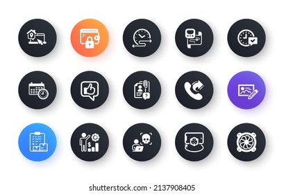 Minimal set of Employees wealth, Search employee and Share call flat icons for web development. Work home, Cyber attack, Select alarm icons. Augmented reality, Metro map, Calendar web elements. Vector