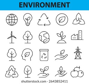 minimal set of environment and sustainability line icons. Includes recycle, solar panel, tree, leaf, eco bag, water drop, electric car, and more. Perfect for eco apps, infographics, websites,
