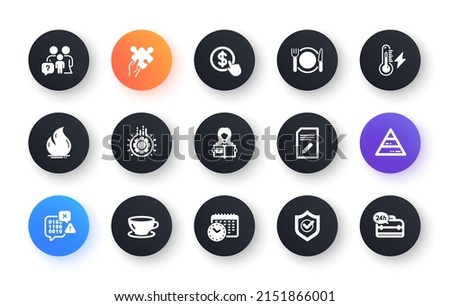 Minimal set of Espresso, Approved shield and Fire energy flat icons for web development. Restaurant food, Pyramid chart, Family questions icons. Binary code, Edit document. Vector