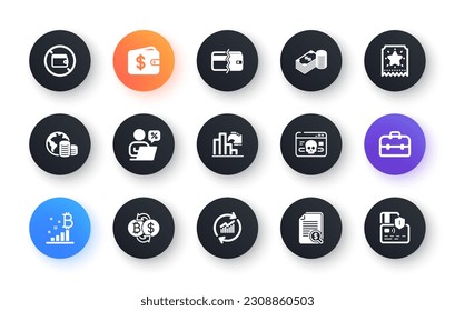 Minimal set of Financial documents, Bitcoin graph and Payment methods flat icons for web development. Wallet, Cyber attack, Loyalty ticket icons. Savings, Bitcoin exchange. Vector
