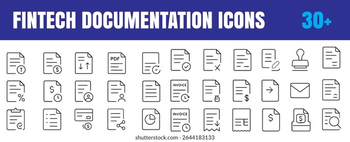 A minimal set of Fintech Documentation Line Icons, Report, Chart, Invoice, Wallet, Contract, Cloud File, E-Signature, ID ,electronic signature, cloud file, mobile banking, blockchain document, financi
