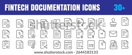 A minimal set of Fintech Documentation Line Icons, Report, Chart, Invoice, Wallet, Contract, Cloud File, E-Signature, ID ,electronic signature, cloud file, mobile banking, blockchain document, financi
