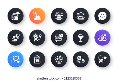 Minimal set of Fireworks stars, Smile chat and Holidays shopping flat icons for web development. Luggage belt, Ice cream, Delivery discount icons. Shift, Luggage insurance, New web elements. Vector