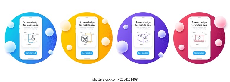 Minimal set of Food app, Office box and Refrigerator line icons for web development. Phone ui interface mockup with balls. Laptop repair icons. Meal order, Delivery box, Kitchen fridge. Vector