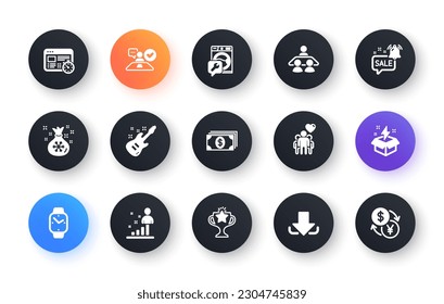 Minimal set of Friendship, Electric guitar and Smartwatch flat icons for web development. Banking, Stats, Job interview icons. Web timer, Washing machine, Download web elements. Vector